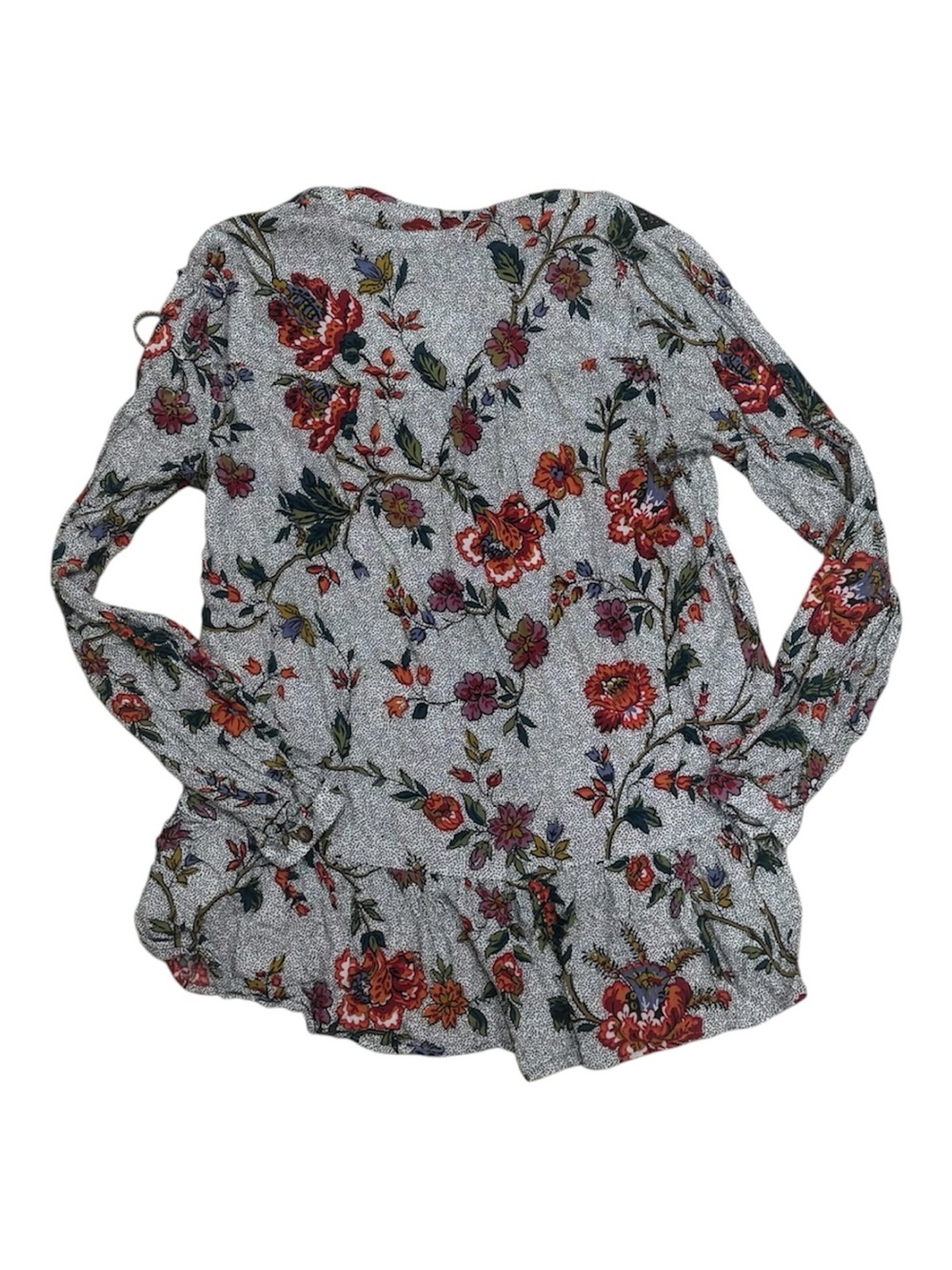 Anthropologie Gray Floral Henley Peplum Top with Red & Green Accents - Picture 2 of 3